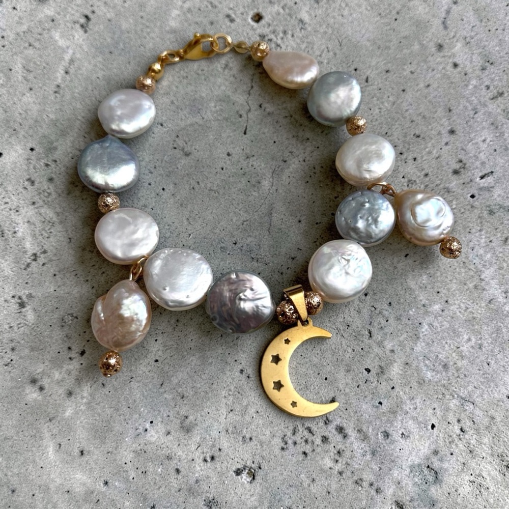 Freshwater Baroque Coin pearl bracelet with gold moon pendant and lava stones